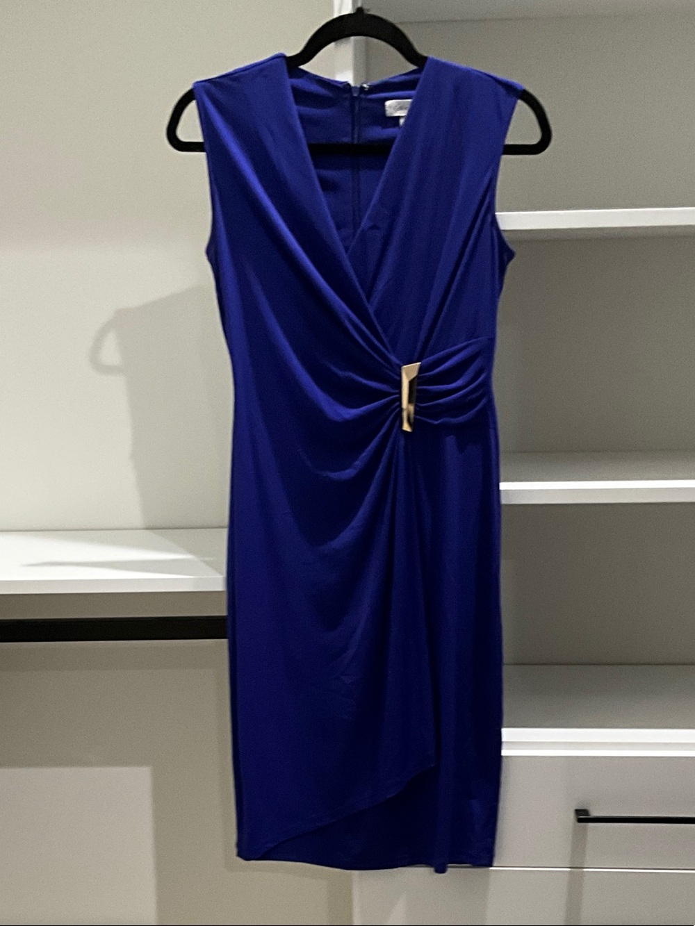 Calvin Klein Cobalt Blue Sleeveless Draped Midi Dress with Gold Accent